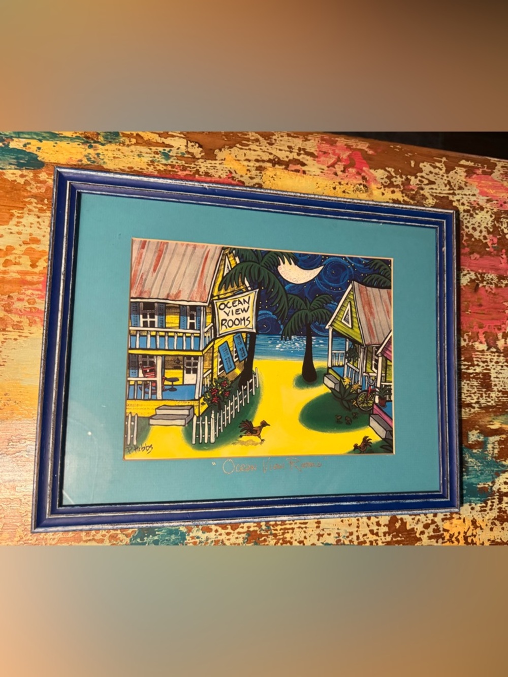 Pam Hobbs Key West, Ocean View Rooms framed print, used art painting 12” x 15”